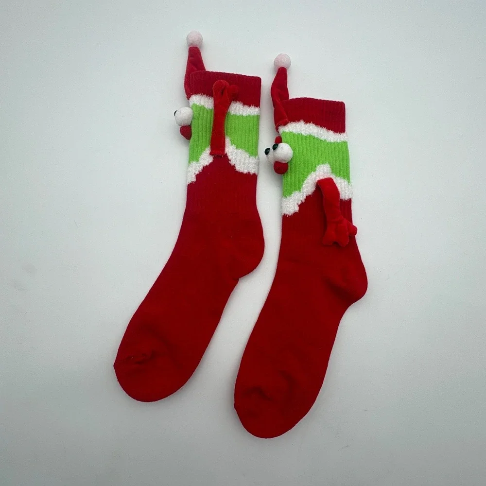 Christmas Monster‎ 3D Novelty Crew Socks Red Green Santa Hat Plush Arms Pair